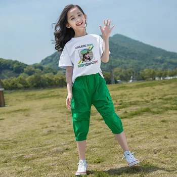 2gab 2022 Vasaras Pusaudžu Meiteņu Drēbes portrets t-krekls + (dungriņi) zaļā Īss kapri bikses Tracksuit Gadījuma Bērns 8 10 12 14 gadu