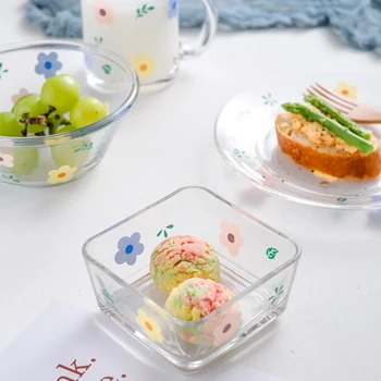 Korejiešu Stilā INS Stikla Vakariņas Plāksnes Salātu Bļodā Kopa Cute Ziedu Raksts, Piena Kafijas Tases Augļu Plate Virtuves Trauki