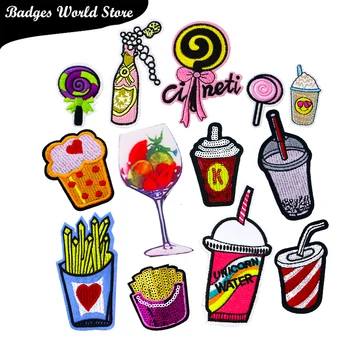 Karikatūra Dekoratīvās Plāksteris Konfekte Dzērienu, Pārtikas ikona, kas Izšūti Aplikācijas Ielāpus DIY Dzelzi uz Nozīmītes, Uzlīmes apģērbs