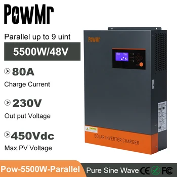 PowMr MPPT 80A 48V Saules Lādētājs 5500W Hibrīda Inverter 230VAC Izejas Max PV 450VDC Atbalsta WIFI Modulis un Paralēli Saules Sistēma