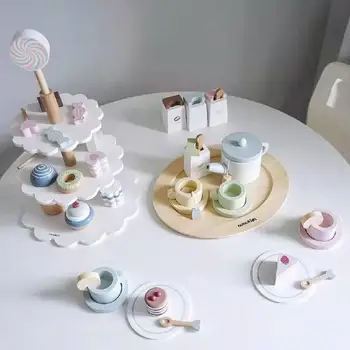 Simulācijas Tējas Komplekts Tējkanna Bērnu rotaļu Māja Virtuves Komplekts, Pēcpusdienas Tēja, Deserts, saldējums, Kūku Koka Izziņas Rotaļlietas