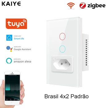 Brazīlija Standarta 4X2 Tuya Zigbee Smart Slēdzi, Kontaktligzdu 100-240V Stikla Panelis Tālvadības Touch Switch Darbu ar Alexa, Google Home