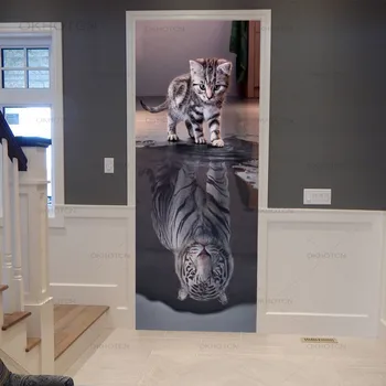 Kaķis Tīģeris Spogulis, Tapešu Uzlīme 3D Durvju Līmplēves, Dekoratīvas Dzīvniekiem Mākslas DIY Durvju Uzlīmes, Home Dekorēšanas Piederumi Mūsdienu