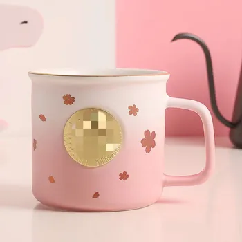 Cute Rozā Ķiršu Ziedu Krūze Bronzas Medaļu Kafijas Krūzes, lai Meitene Dāvanu Kafijas Tasi Keramikas Ūdens krūze ar Logotipu Zvaigžņu Krūze Buki Kauss