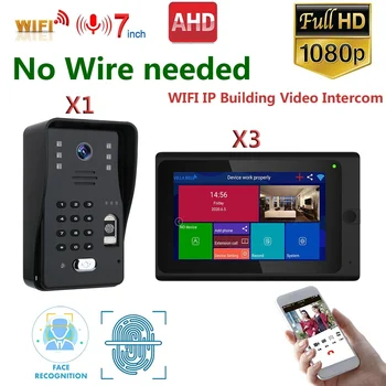 7inch Bezvadu WIFI Video Durvju Tālrunis Durvju IP Intercom Sistēma,1080P AHD Kameru ,500 pirkstu nospiedumus,500 Sejas Atpazīšanas atslēgt