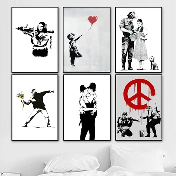 Banksy Graffiti Mākslas Audekla Glezna Skūpsts Miera Plakātu un Drukas Quadros Sienas Mākslas Ainu, viesistaba, Mājas Apdare Cuadros