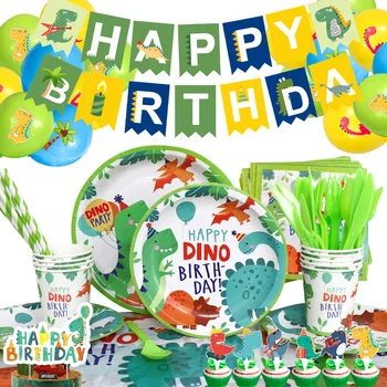 Dino Baloni Banner Dinozauru Vienreizējās Lietošanas Galda Piederumu Komplekts Autiņu Salmu Lateksa Baloni, Bērnu Dzimšanas Dienas Rotājumi Grupa Krājumi