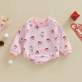 Baby Meitenes Ziemassvētku Apģērbs Gadījuma Romper Rozā Krāsā Ar Garām Piedurknēm O Kakla Santa Claus Drukāt Romper Jumpsuit Apģērbi