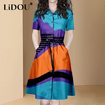 Vasaras Elegants Intelektuālā Modes Kontrastējošas Krāsas Midi Kleita Sievietēm Atloks Pogu, Līdz Tunika Drukāt Kleitas Ar Īsām Piedurknēm Vestido