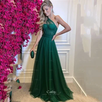 Cathy Elegants Sieviešu-Line Zaļās Partijas Kleitas Ar Vienu Plecu Mīļotā Balli Vakara Kleitas Sexy Loku Bumbu Kleita