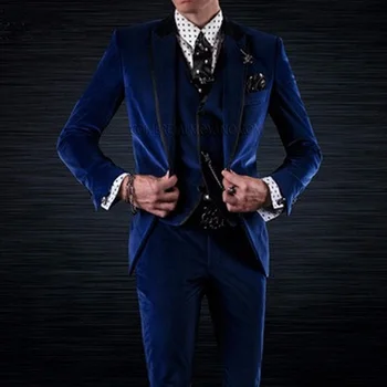 Royal Blue Velvet Līgavainis Tuxedos Kāzu Vīriešu Uzvalki, Valkā 3 Gabals Vīriešu Modes Vakariņas Jaka ar Bikses, Vestes Ziemas 2021