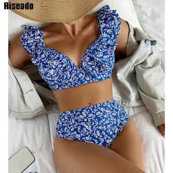 Riseado Sexy Savirmot Bikini 2023 Sieviete Augsta Vidukļa Sieviešu Peldkostīms 2023 Ziedu Drukāt Peldkostīmi Mežģīnes Up Biquinis Uzstādīt peldkostīmu