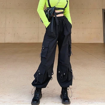 Streetwear Zaudēt Melnā Kravas Bikses Sievietēm Aukliņu Lielas Kabatas Baggy Bikses Augstās Jostasvietas Bikses Hip Hop Kapri Grunts Bikses Sievietēm