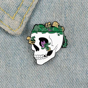 Vintage radošā atdzimšana galvaskausa broša augu maza meitene, sēņu skelets punk pin maiss maiss apdare žetons