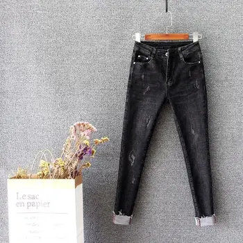 Melni džinsi, sieviešu kājām bikses, augsts viduklis, elastīgs zīmulis bikses, saspringts un slim, flanging bikses, 2020 