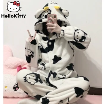 Sanrio Hello Kitty Multfilmas Ērti Sieviešu Pidžamas Meitene Cute Kapuci Koraļļu Samta Ziemas Jaka Sabiezējumu Plīša Homewear Uzvalks
