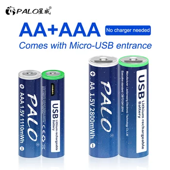 PALO USB 1,5 V AAA Litija Akumulators 1110mWh + AA 1,5 V USB Uzlādējams litija jonu akumulators 2800mWh rotaļlietām tālvadības pults