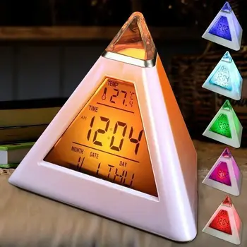 7 Krāsas, Krāsains Piramīdas LCD Modinātājs, Nakts Gaisma Termometrs Digital Sienas Pulkstenis Maināmais Led Pulkstenis Mājas Dekoru Accessorier