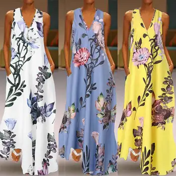 ZANZEA 2022. gadam, Modes Vasaras Sundress Sieviešu Garo Maxi Vestidos Ziedu Iespiesti Bohēmietis Dress Dāmas Gadījuma Kabatas Gara Tunika Drēbes