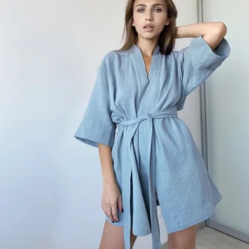 Kokvilnas Naktskrekls, Sieviešu Mīkstās Kimono Drēbes Kleita Sexy Apakšveļa Zaudēt Sleepdress Naktsveļu Vasaras Peldmētelis Gadījuma V-Veida Kakla Loungewear