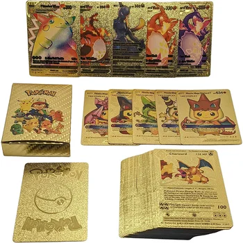 TAKARA TOMY 54 gabalu Pokemon Gold Kartes Zelta Burtiem spāņu Kartes Metalicas Charizard Vmax Gx Sērijas Spēle, Karti Kaste