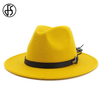 FS Dzeltenās Cepures Sievietēm, Vīriešiem Platām Malām, Vilnas Filcs, Džeza Fedora Cepures Panama Kovboju Trilby Puses Oficiālu Cepuri Liela Izmēra Chapeu Fedora