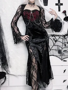 2022 Gothic Tumši Melna Samta Kleita Halloween Vintage Mežģīnes Laukumā Apkakles Sexy Acs Redz Cauri Slim Puse Kleita Sieviešu Vestidos