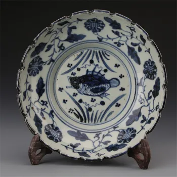 Antīko porcelāna rotas, zils un balts, ar roku apgleznoti zivis, aļģes, ziedu un augļu plates
