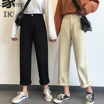 Džinsi Sievietēm Harajuku Cietā Pogu, Rāvējslēdzēju Lidot Augstu Vidukļa Atpūtas Taisni Vīriešu Dāma Elegantas Bikses Jean Femme Augstas Kvalitātes