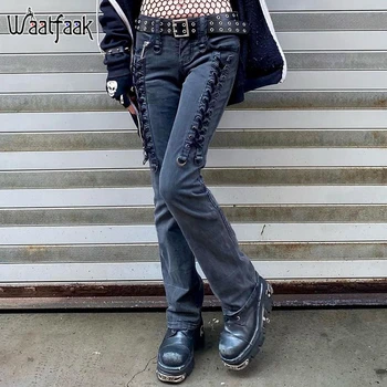 Waatfaak Punk Pārsējs Raibs Y2K Džinsi ar Zemu Vidukļa Grunge Izdilis Bikses Sieviešu Džinsa Retro Kravas Džinsi Sievietēm Mežģīnes Up Goth 90S