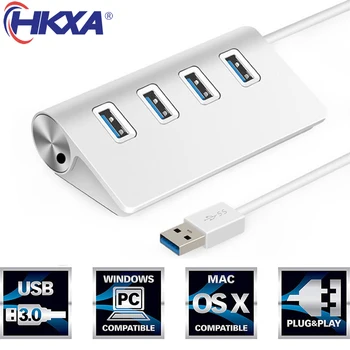 HKXA Pārnēsājamu USB 3.0 HUB 4 Porti Alumīnija 5Gbps lielu Ātrumu, Strāvas Adapteri Vairāku USB 3.0 HUB USB Sadalītājs PC Laptop Adapteris