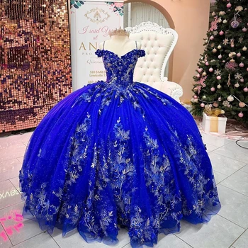 Tumši Zilā krāsā ar Izsmalcinātu Bumbu Kleita Smaragda Quinceanera Kleita 3D Ziedu Mežģīnes Augšu, Atpakaļ 15 Gadu Puse, Dzimšanas dienas Princese Formālu Kleita
