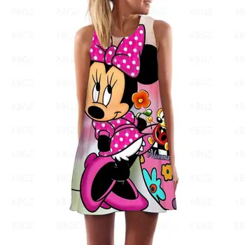 Kleitas, Sievietēm 2022 Minnie Mouse Sexy Sieviešu Kleita bez Piedurknēm, Vasaras Sieviete Mini Multfilmu Pludmales Modes Top Print Atdzist Mickey
