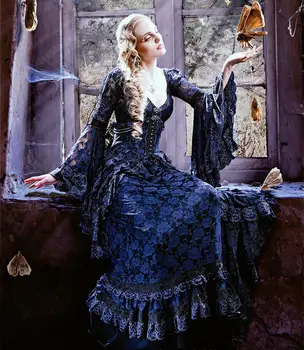 Viktorijas laika Gotikas Kāzu Kleita tumši zilā Mežģīņu Dāma Karalienes Mariposa Steampunk garām Piedurknēm Retro Filma Izskatās kāzu Kleita