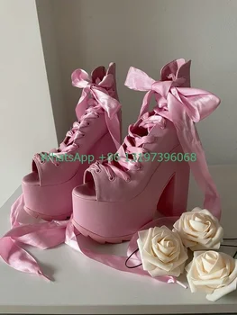 Lady cute rozā traipu drukas dizains cietie zābaki platforma mežģīnes-up peep toe kurpes ikdienas vasaras ietilpst kleita grupa Mary Jane kurpes 43