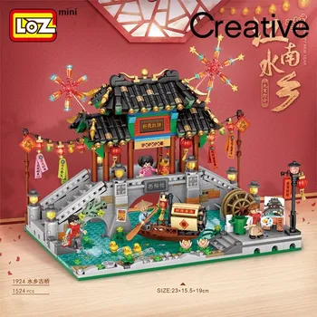 Lizhi loz celtniecības bloki Ķīniešu stilā senās arhitektūras modeli, Jiangnan ūdens pilsēta maza daļiņa montāža rotaļlieta pieaugušo augstu d