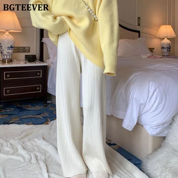 BGTEEVER Elegantas Dāmas Plaša Kāju Trikotāžas Bikses Ir 2021. Rudens Ziemas Pantalon Elastīgu Vidukli, Zaudēt Biezas Sieviešu Džemperi Bikses