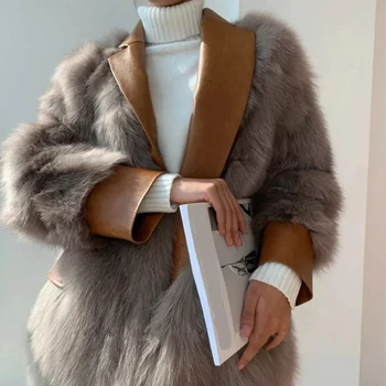Rimocy ir 2021. Modes Faux Fur Coat Sieviešu Rudens Ziemas PU Ādas Pleķīšus Jaka Sievietēm Turndown Apkakli, garām Piedurknēm Mēteļi Mujer