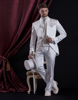 Vintage Baltās Princis Stila Groomsmen Vīriešu Uzvalki Stand Apkakli Līgavainis Kāzu Tuxedos Vīriešu Žakete Uzstādīt Formālās Valkāt Jaka+Bikses+Veste
