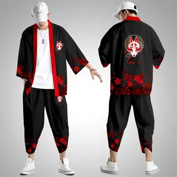Japāņu Kimono Jaka Bikses Komplekti Vīriešu Sieviešu Yukata Haori Tradicionālo Kimonos Harajuku Tang uzvalks Coaplay Kostīmu Plus Lieluma 6XL