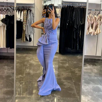Violets Satīns Sirēna Vakarā Dreses Frēzēšana Ruflles Apkalpes Kakla Balles Kleitu Elegants Dubaija Vakarkleita Grīdas Garums Formālās Kleitas