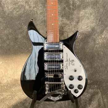 Rickenback-6 stīgu elektriskā ģitāra, 325 elektriskā ģitāra, spilgti melnas krāsas, augstas kvalitātes materiāla, dubultā apmale, pasūtījuma veikalā