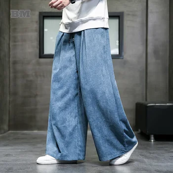 Ķīnas Retro Stila Plus Lieluma Plaša Kāju Bikses Vīriešu Apģērbs Brīvs Lielajam Velveta Gadījuma Bikses Japāņu Harajuku Bikses