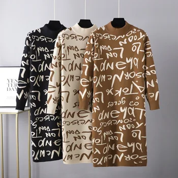 C 2022 Jauna Rudens Ziemas Sievietēm, Augsta Kakla Vintage Adīts Džemperis Ar Garām Piedurknēm Vēstuli Grafiti Džemperis Kleita