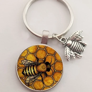 Gudrs Kukaiņu Bišu Keychain Modes Ģeometriskā Šūnu Medus, Bišu 3D Iespiesti Stikla Kupola Atslēgu Gredzens Ķēdē Bumble Bee Piekariņi