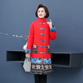 JAUNO Stand Apkakli Ziemas Mētelis Ķīniešu Stila Sieviete Modes Ziedu drukas Kokvilnas Vaļēju Mēteli Sieviešu Nacionālais Stils