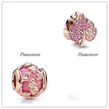 925 Sterling Sudraba Pērlītēm Rožu Rozā Dekoratīvās Lapas Šarmu Fit Pandora Sievietes Aproce & Kaklarota Diy Rotaslietas