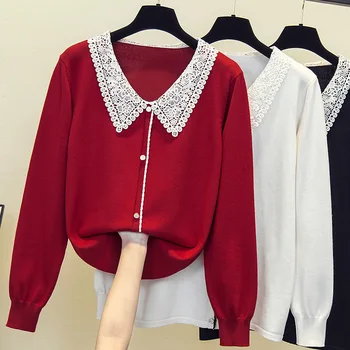 Melna Balta Sarkana Mežģīņu korejiešu Stilā Harajuku Pavasara Rudens Ziemas Adītas Vintage Džemperis Modes Sieviešu Džemperi 2022 Sieviete