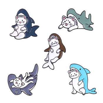 Jūras Dzīvnieku Pasauli Sakausējuma Rotaslietas Cute Karikatūra Haizivs Ēd Kaķis Formas Emaljas Žetons Atloks Pins