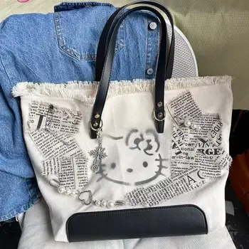 Hello Kitty Cat Maisiņi Izšūti Y2K Audekls Pleca Soma, Tote Soma, Ikdienas Īpašu Interešu Dizaina pārnēsājamās somas meiteņu somas